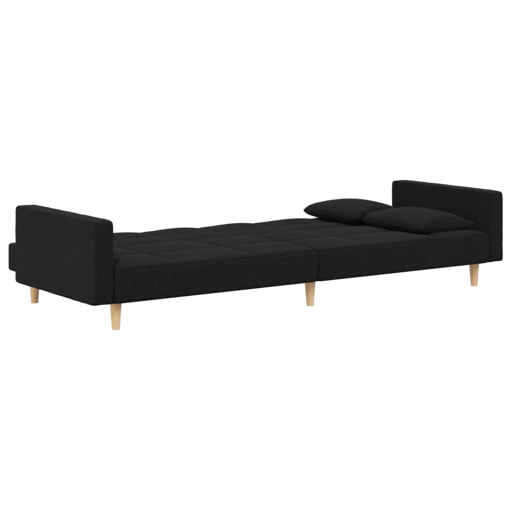 Black fabric 2-seater sofa bed with two pillows, modern American Smart WB sofa for living room comfort and style.