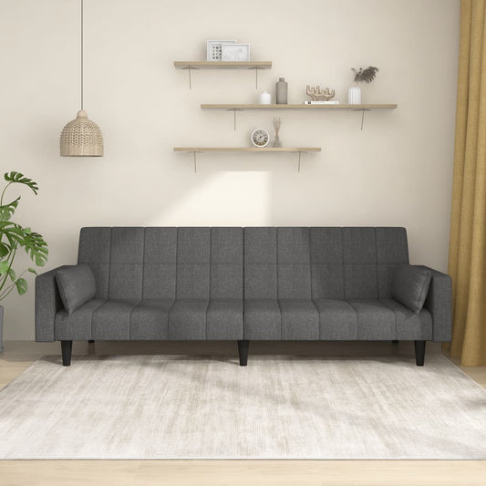 Dark gray fabric 2-seater sofa bed with two pillows, American Smart WB sofa featuring a modern design and comfortable seating.