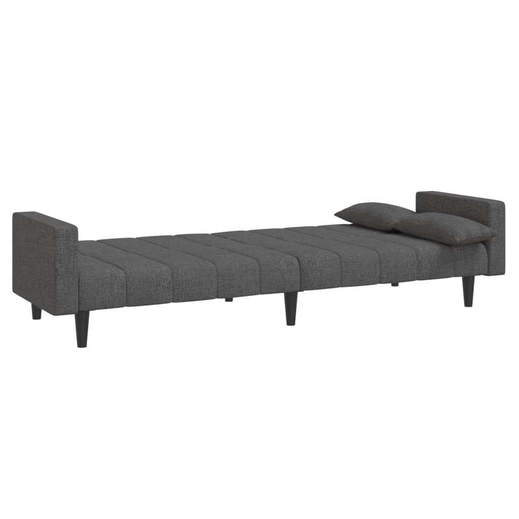 Dark gray fabric 2-seater sofa bed with two pillows, American Smart WB, showcasing its compact, stylish design and comfortable seating.