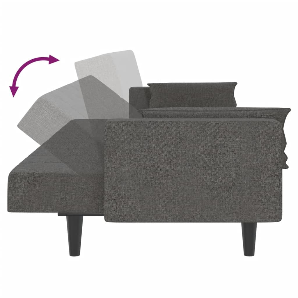 Dark gray fabric 2-seater sofa bed with two pillows, American Smart WB, showcasing its compact design and comfortable seating.