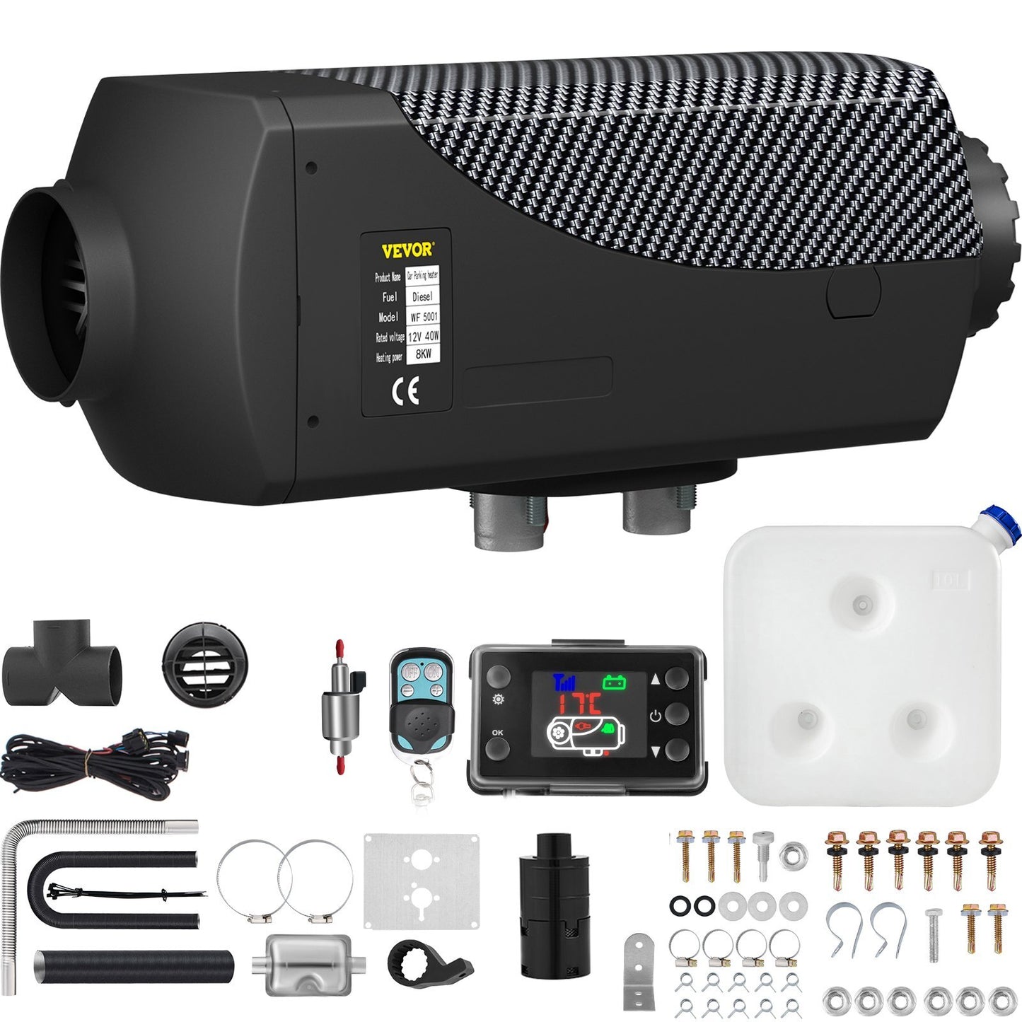 American Smart 8KW Diesel Air Heater muffler with LCD switch, remote control, for cars, trucks, motorhomes, boats, and buses.