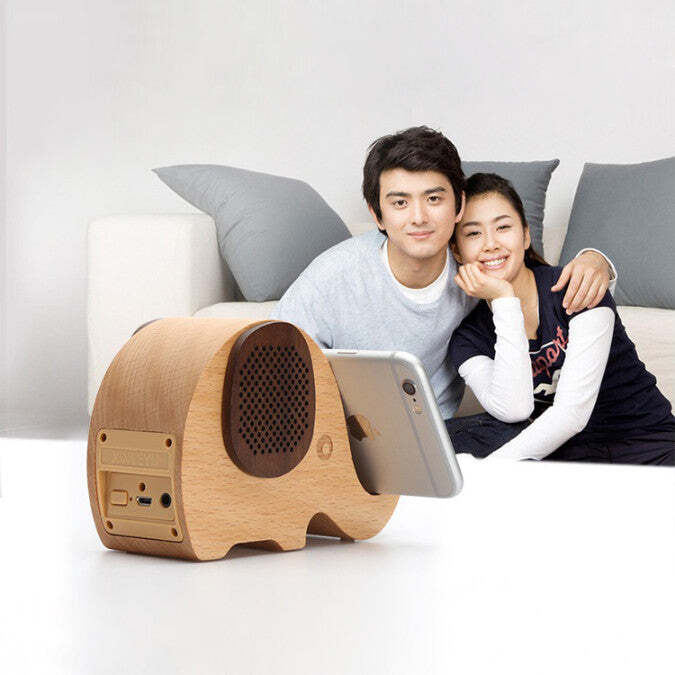 American Smart WOODSY GOODSY 2-in-1 Bluetooth speaker and cell phone stand, featuring wooden design and compact form.