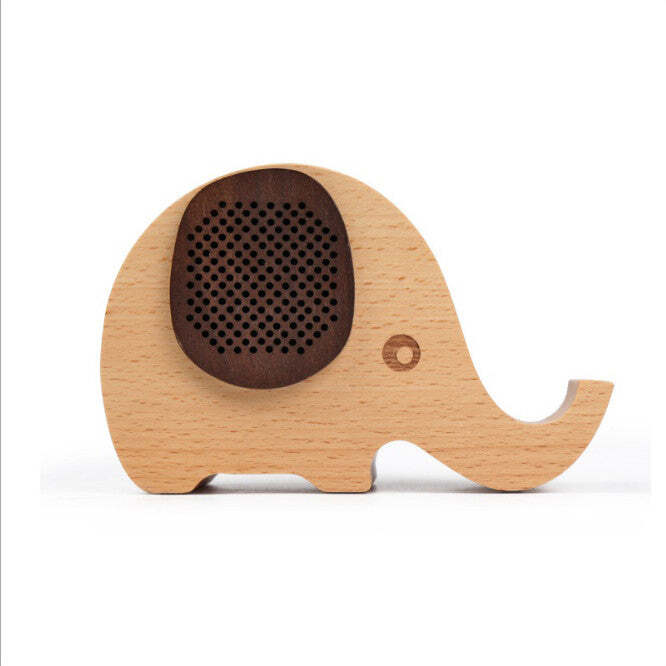 American Smart WOODSY GOODSY 2-in-1 Bluetooth speaker and cell phone stand, made of wood with a sleek, modern design.