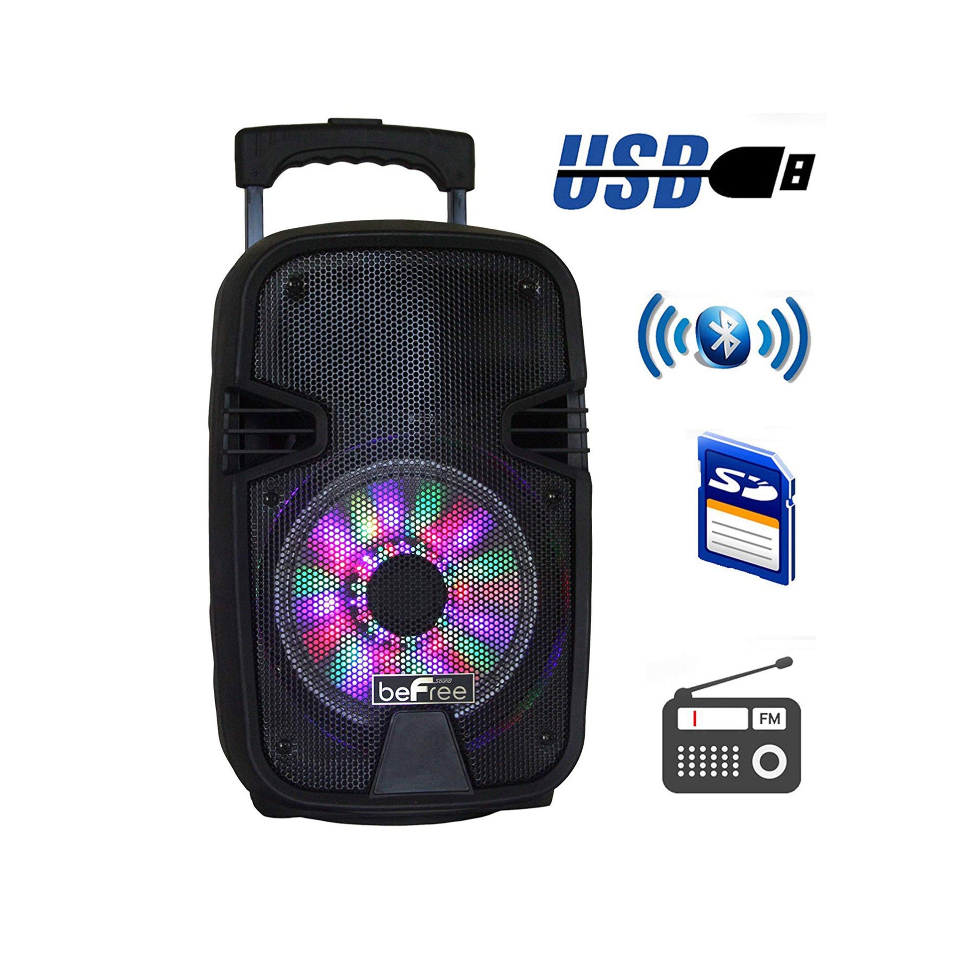 American Smart beFree Sound 8-inch Bluetooth portable party speaker with USB, SD card slots and reactive LED lights.
