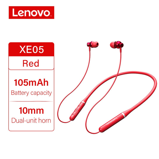 Lenovo XE05 neck-type Bluetooth sports headphones in red, waterproof design with long battery life and in-ear fit.