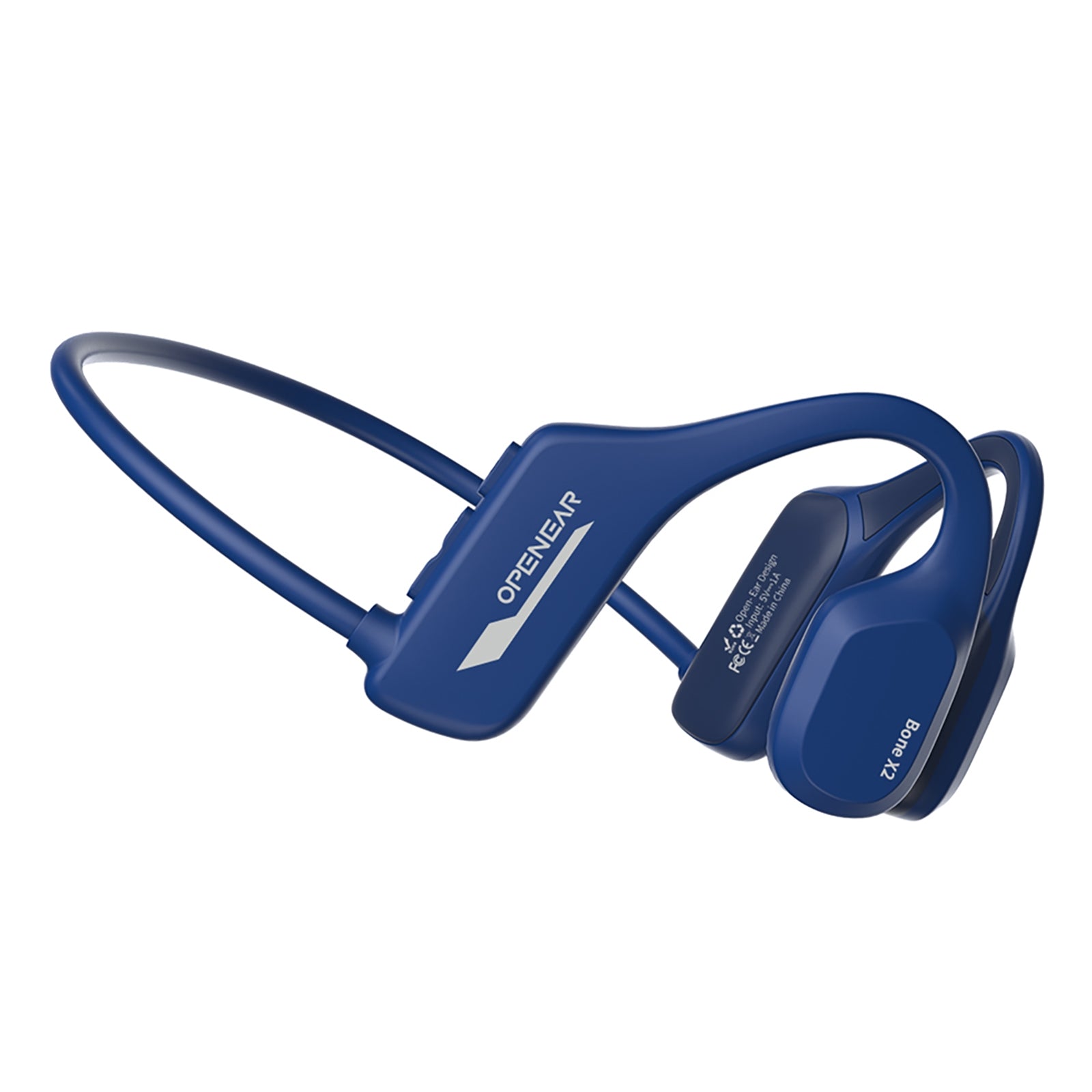 American Smart wireless sports headphones with bone conduction earphones, waterproof blue earbuds, clear sound, and calling capabilities.