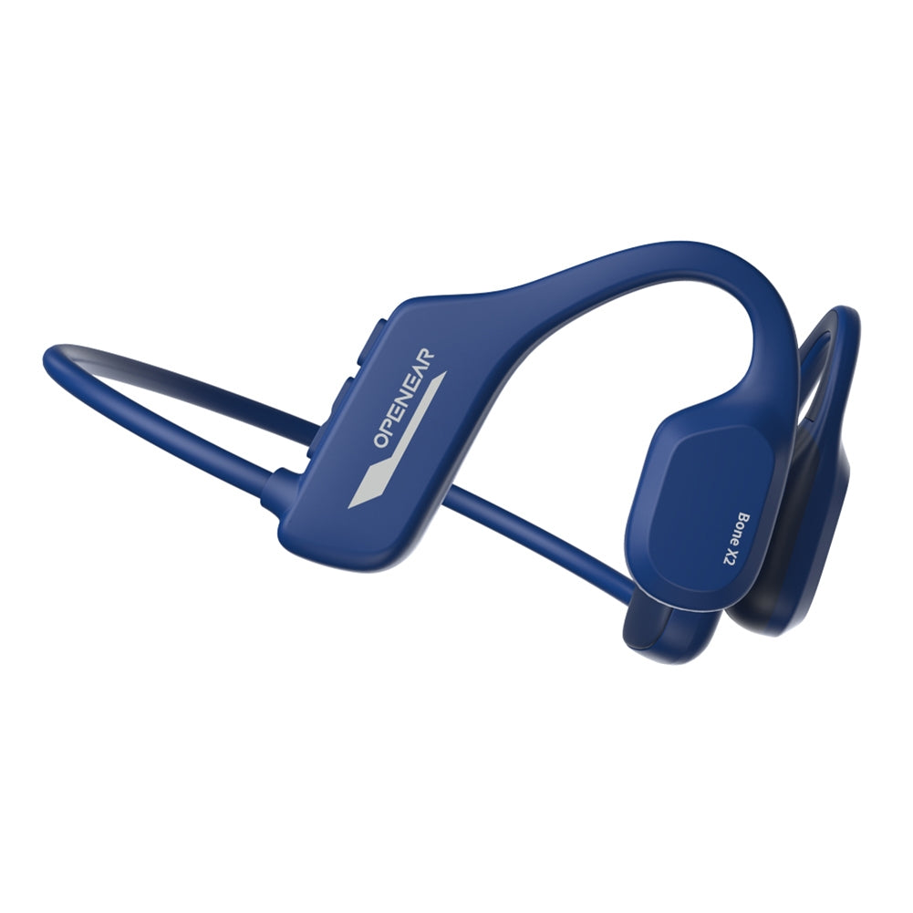 Blue American Smart WB wireless sports headphones with bone conduction earphones, clear sound, waterproof design, and comfortable headband.