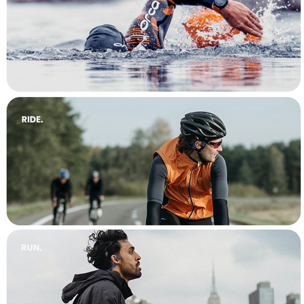 Wireless sports headphones with blue bone conduction earphones, water-resistant design, clear sound, and calling capabilities by American Smart.