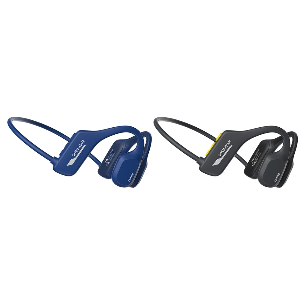 American Smart bone conduction wireless sports headphones with clear sound, waterproof earbuds, and blue headband for calling and workouts.