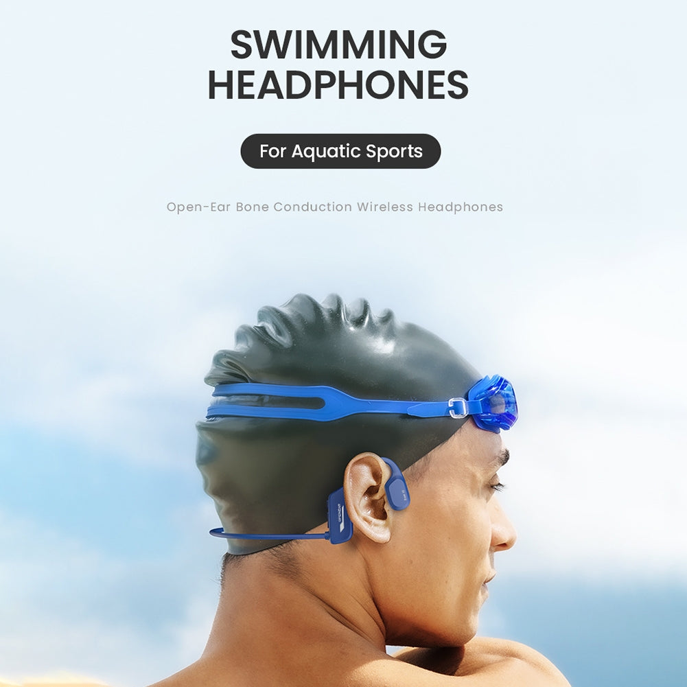 Blue American Smart wireless sports headphones with bone conduction earphones, clear sound, waterproof design, and comfortable headband.