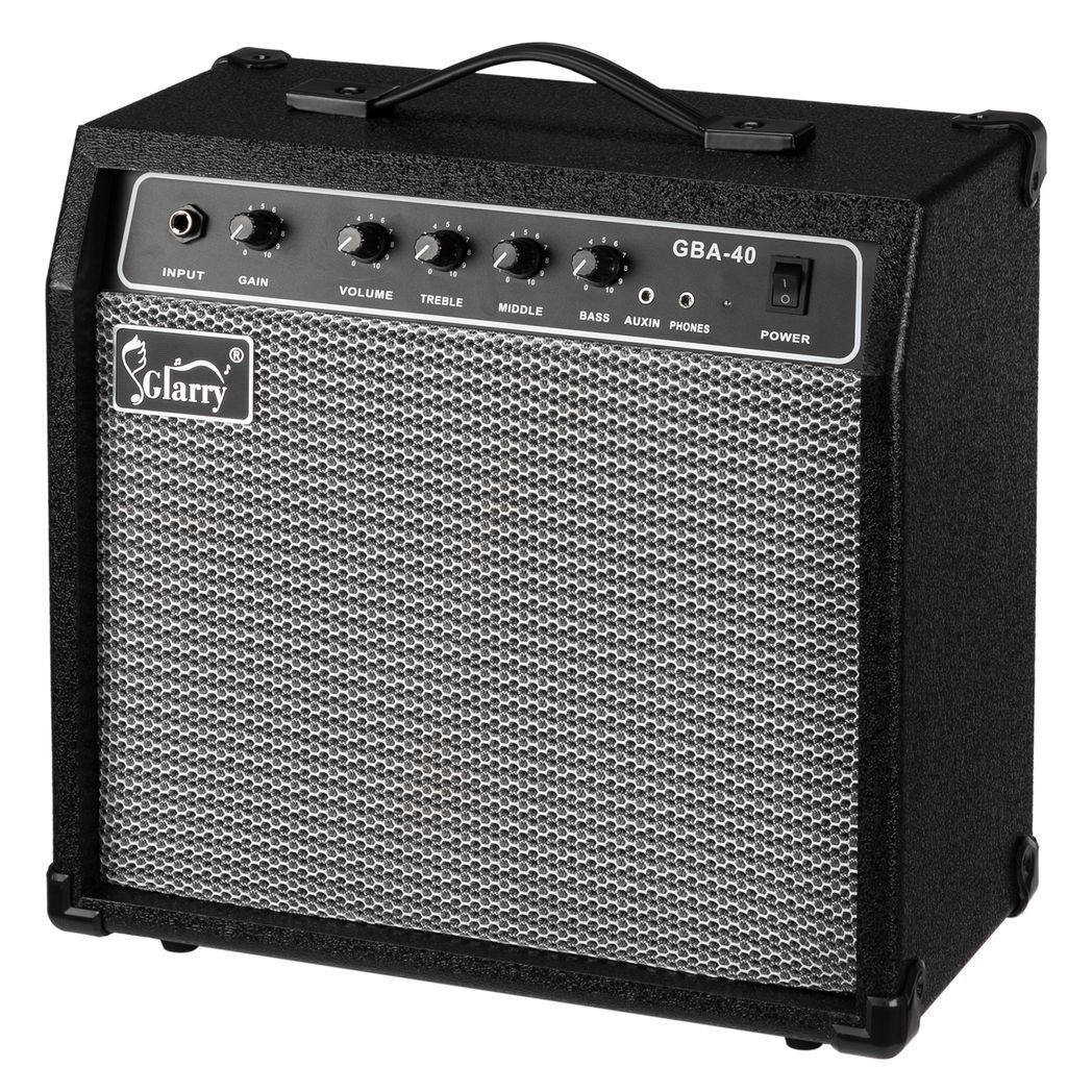 Black Glarry GBA-40 40W electric bass amplifier with control knobs and handle, designed for practice and performance.