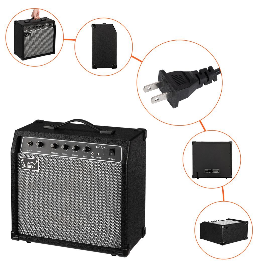 Black Glarry GBA-40 40W electric bass amplifier with control knobs and input jack, suitable for practice and small performances.