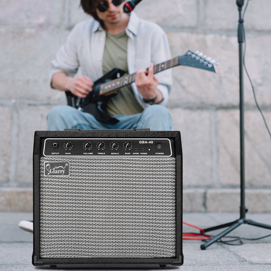 Black Glarry GBA-40 40W electric bass amplifier with control knobs, compact design, and brand logo, suitable for practice and performances.