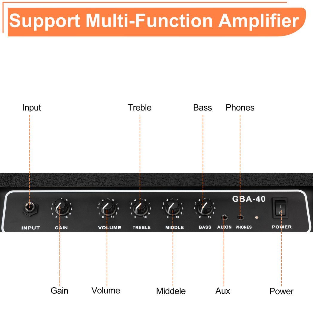 Black Glarry GBA-40 40W electric bass amplifier with control knobs, compact design, and brand logo for musical instrument setup.
