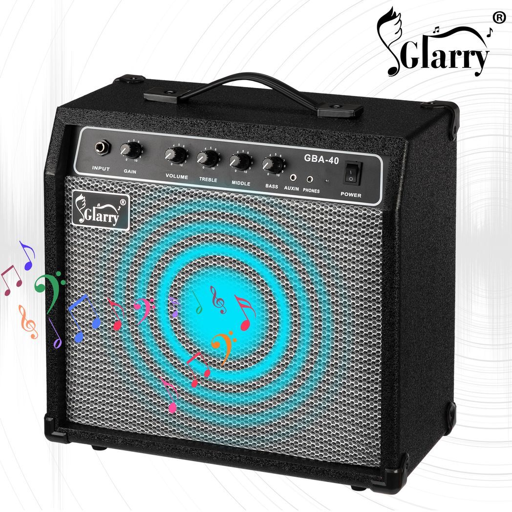 Black Glarry GBA-40 40W electric bass amplifier with control knobs, ideal for practice and small performances.