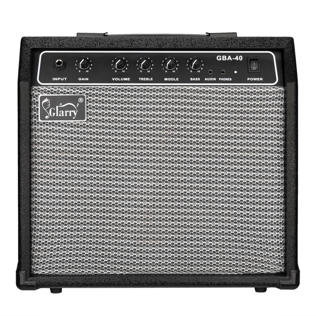 Black Glarry GBA-40 40W electric bass amplifier with control knobs, suitable for practice and small performances.