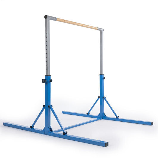 Blue foldable gymnastics bar for kids with 3 adjustable height levels, designed for safe indoor exercise and play.