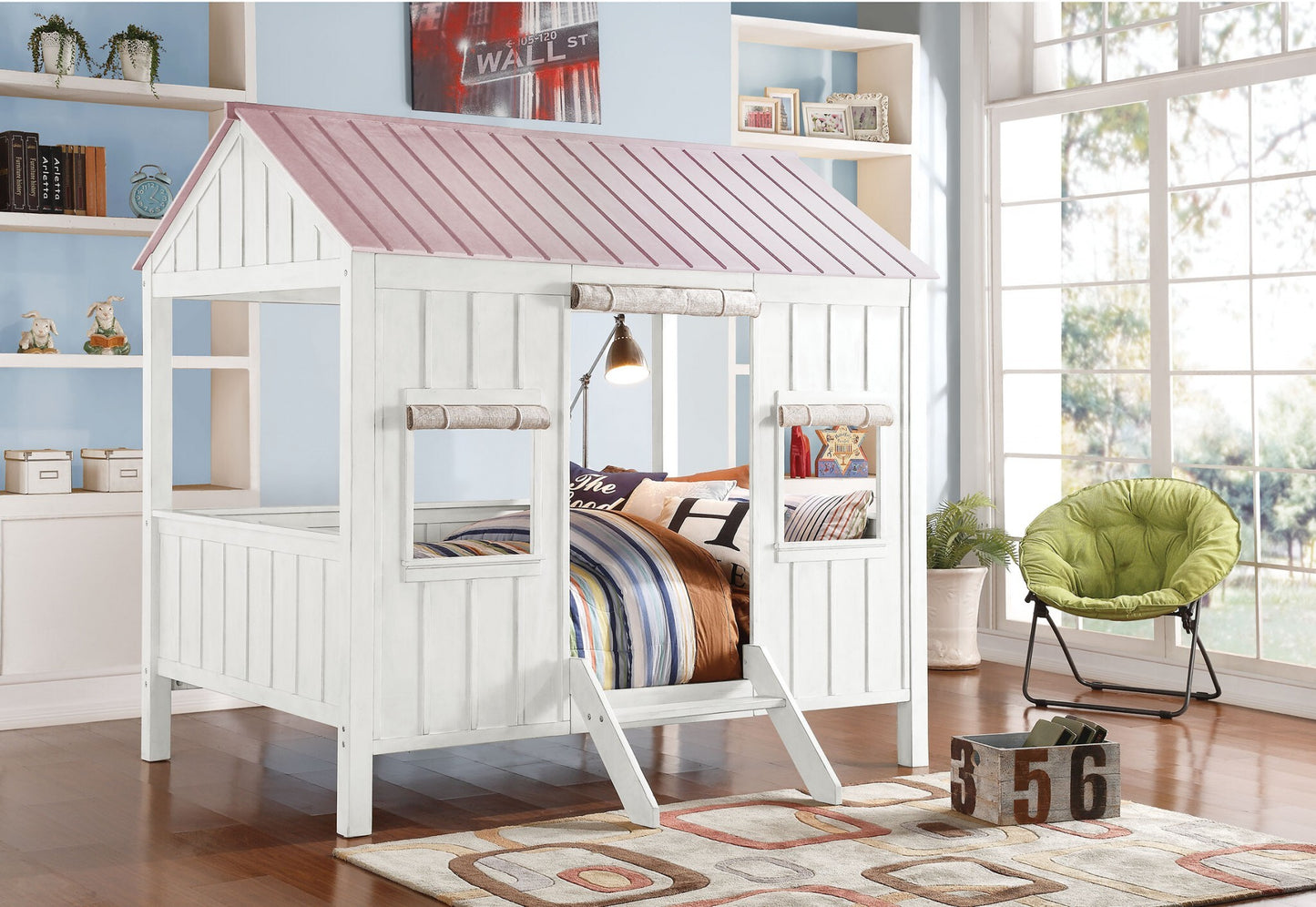 Pink and white American Smart full bed frame for standard beds, featuring a sleek design and sturdy construction.