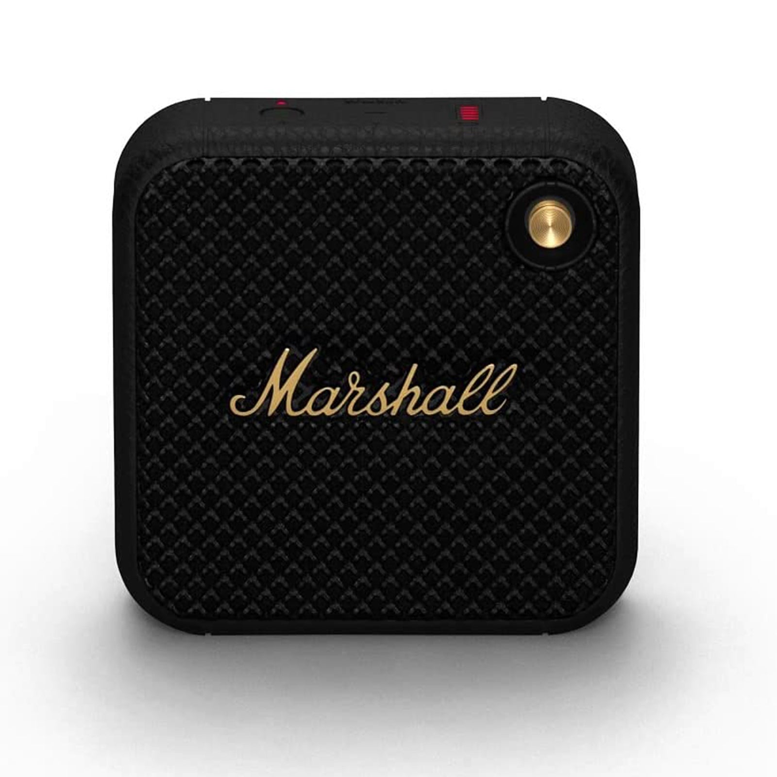 Black Marshall Willen wireless Bluetooth stereo speaker outdoors, waterproof portable speaker with call functionality.