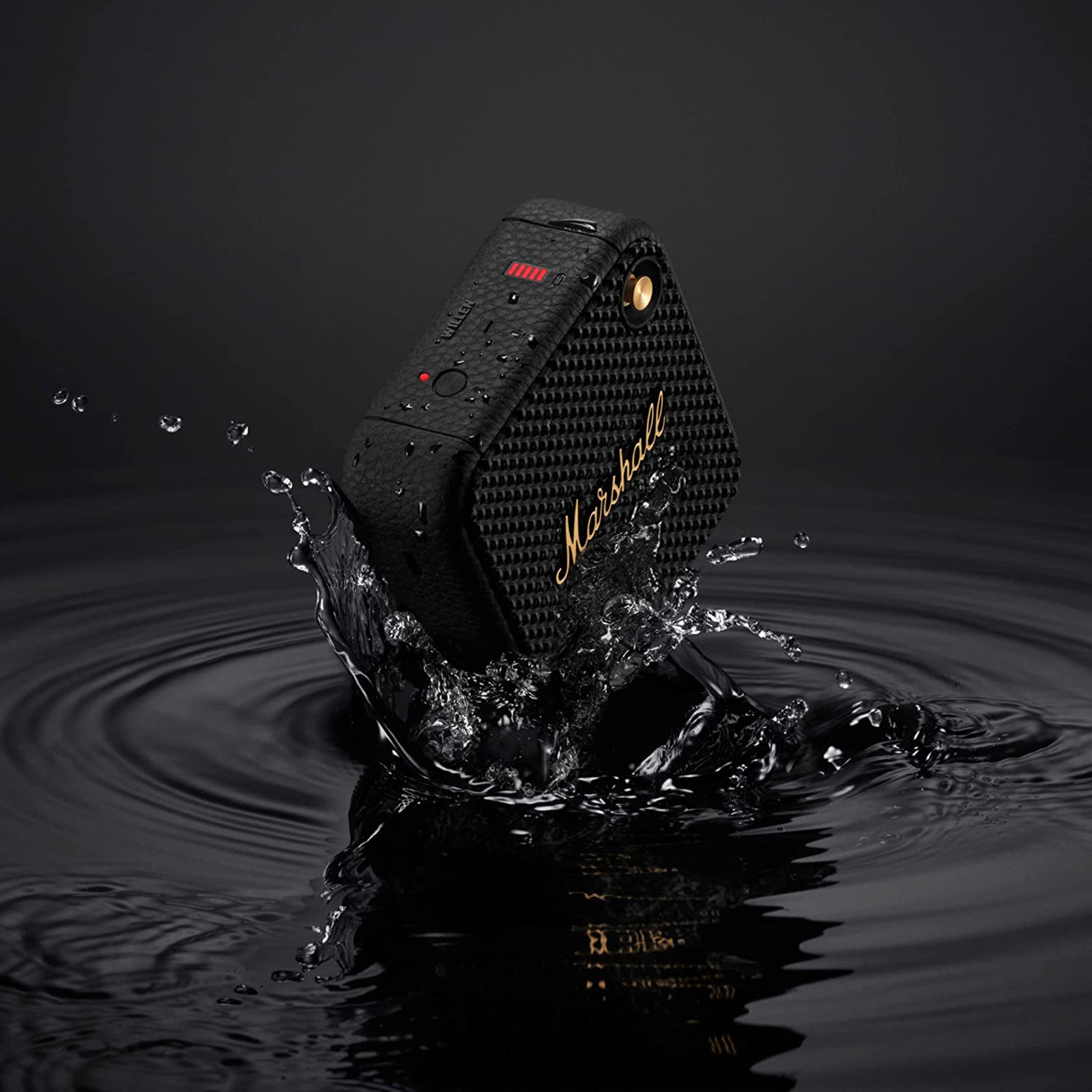 Marshall Willen wireless Bluetooth stereo speaker in black, waterproof outdoor portable speaker with call functionality.