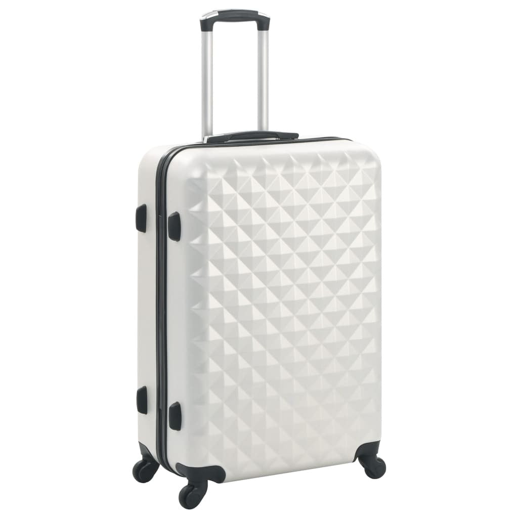 Set of three bright silver ABS American Smart trolley suitcases with hardcase exteriors and extendable handles.