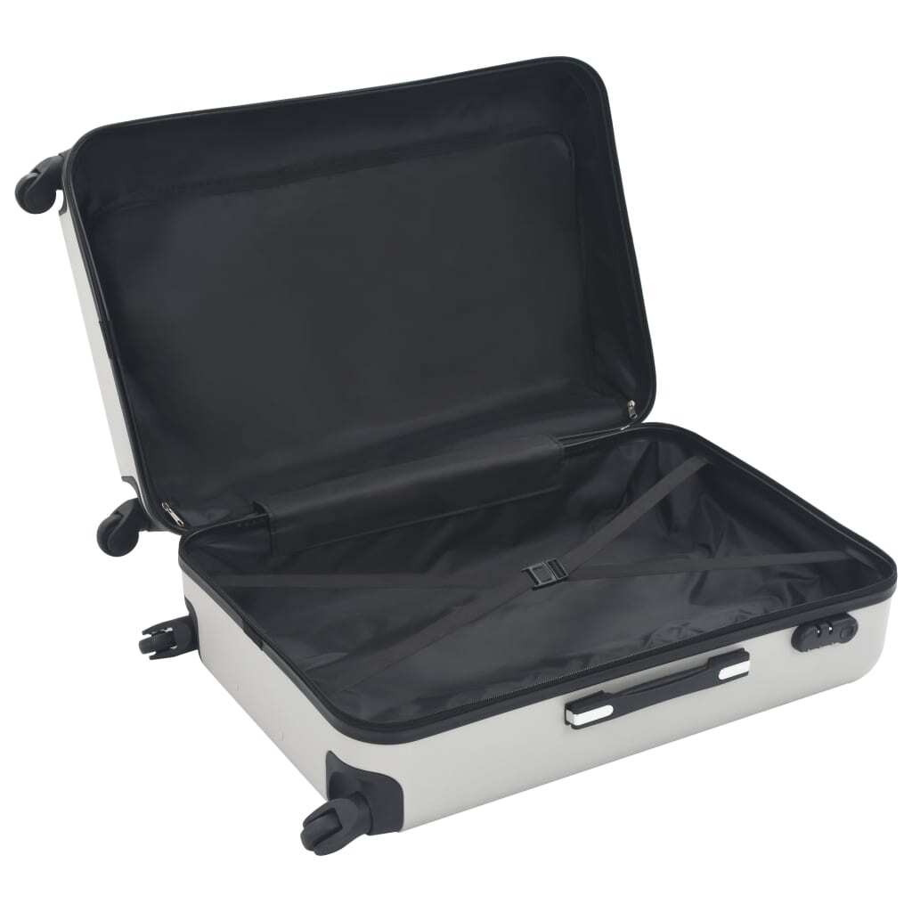 Three bright silver ABS hardcase trolley suitcases in a 3-piece set, designed for travel with durable construction.