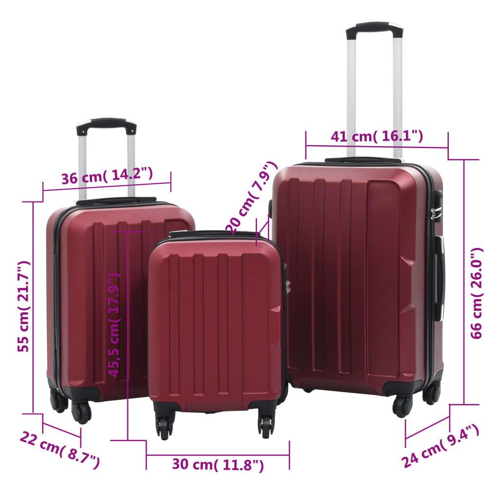 Three-piece wine red ABS hardcase trolley set featuring durable suitcases with smooth wheels and retractable handles.