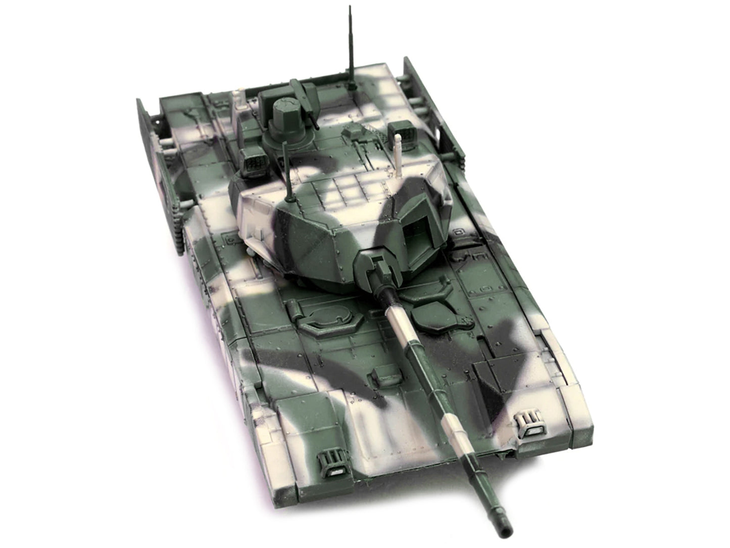 Russian T14 Armata MBT diecast model in woodland camouflage, 1/72 scale, by Panzerkampf, featuring detailed tank design.