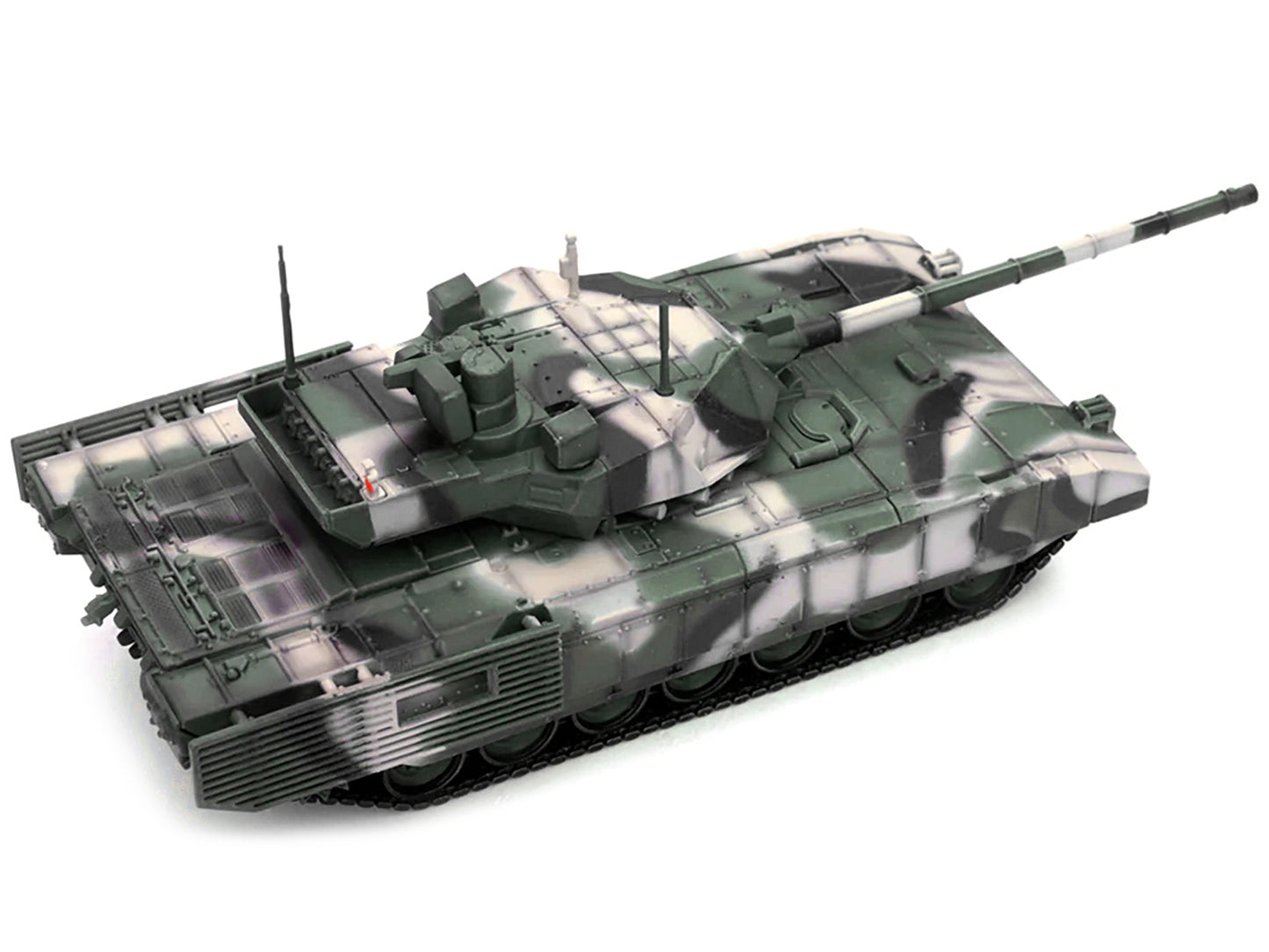 1/72 scale Russian T14 Armata MBT diecast model in multi-woodland camouflage by Panzerkampf, detailed tank replica for collectors.