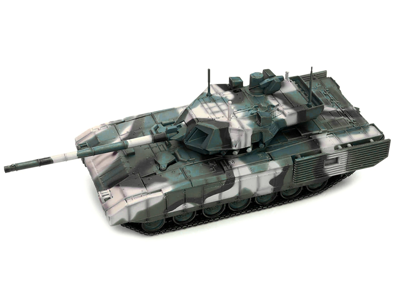 1/72 scale Russian T14 Armata MBT diecast model in multi-woodland camouflage by Panzerkampf, detailed tank for collectors.