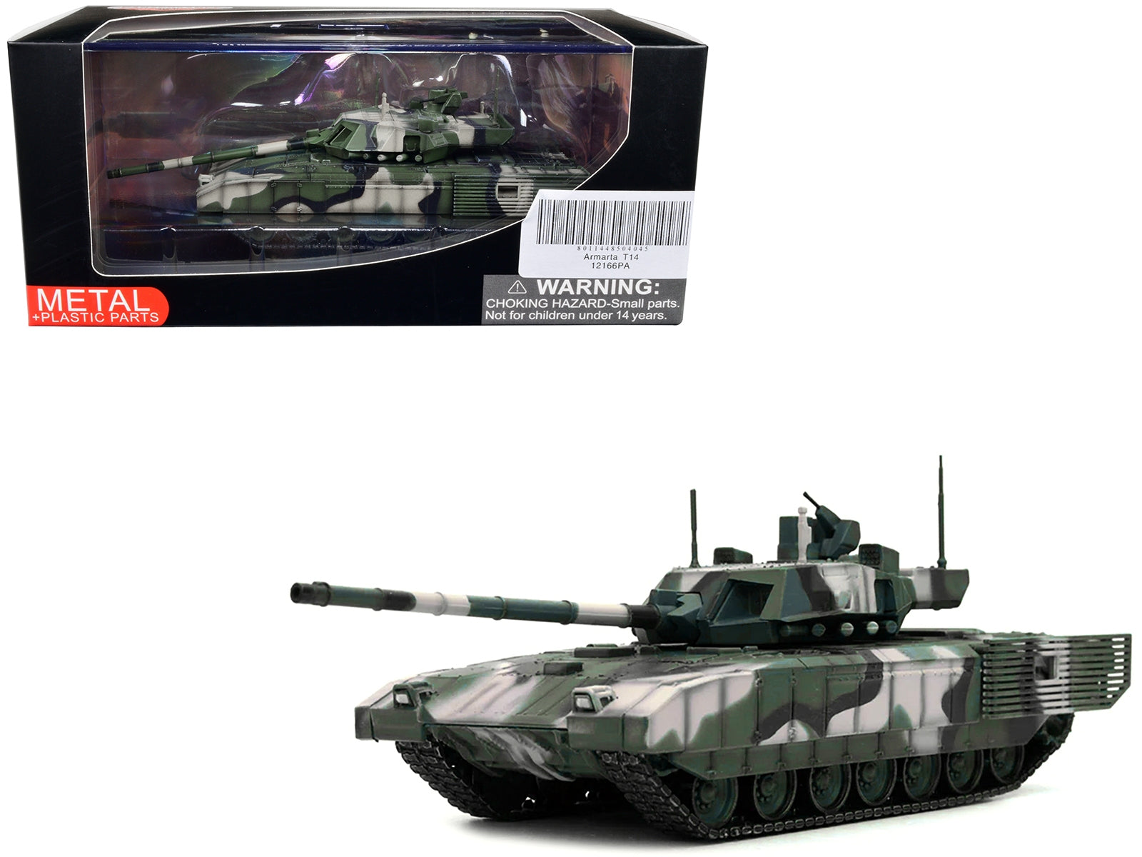 Russian T14 Armata MBT diecast model in multi-woodland camouflage, 1/72 scale, by Panzerkampf, detailed tank replica.