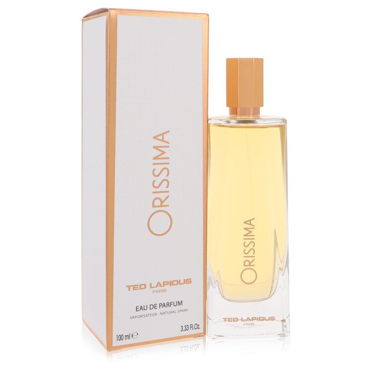 Orissima by Ted Lapidus Eau De Parfum spray for women, 3.3 oz, featuring elegant floral fragrance and sleek bottle design.