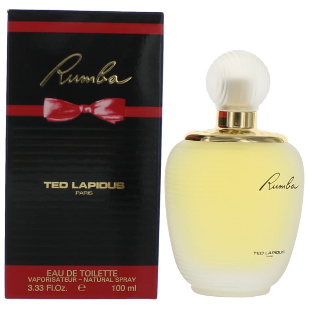 Rumba by Ted Lapidus 3.3 oz women’s Eau De Toilette spray bottle, elegant perfume packaging with floral and citrus notes