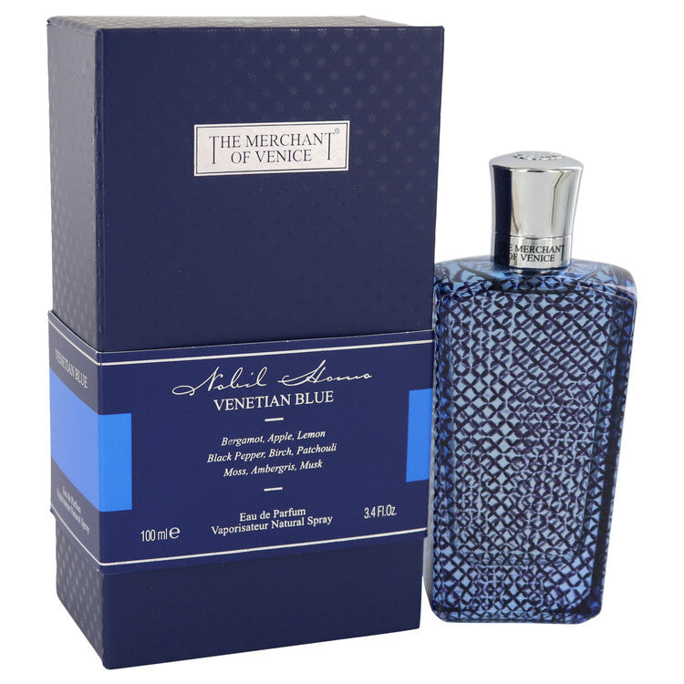 Venetian Blue Eau De Parfum spray by The Merchant of Venice, 3.4 oz, featuring a blue bottle and elegant design for men.
