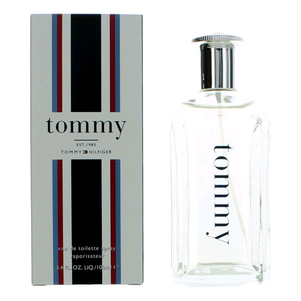 Tommy by Tommy Hilfiger men's 3.4 oz Eau De Toilette spray, featuring a sleek bottle design and classic branding.