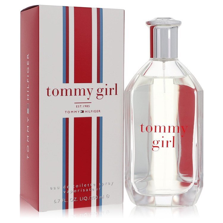 Tommy Girl by Tommy Hilfiger Eau De Toilette spray 6.7 oz, featuring a clear bottle with a pink cap and floral accents.