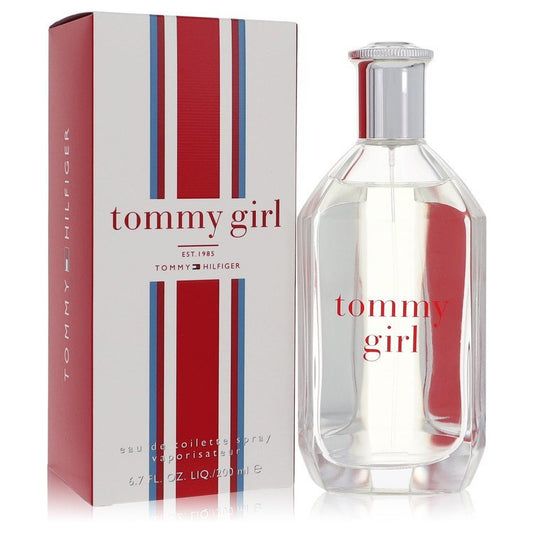 Tommy Girl by Tommy Hilfiger Eau De Toilette spray 6.7 oz, featuring a clear bottle with a pink cap and floral accents.
