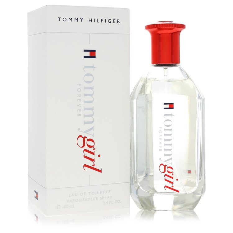 Tommy Girl Forever by Tommy Hilfiger Eau De Toilette spray for women, 3.4 oz, featuring a sleek perfume bottle with gold accents.