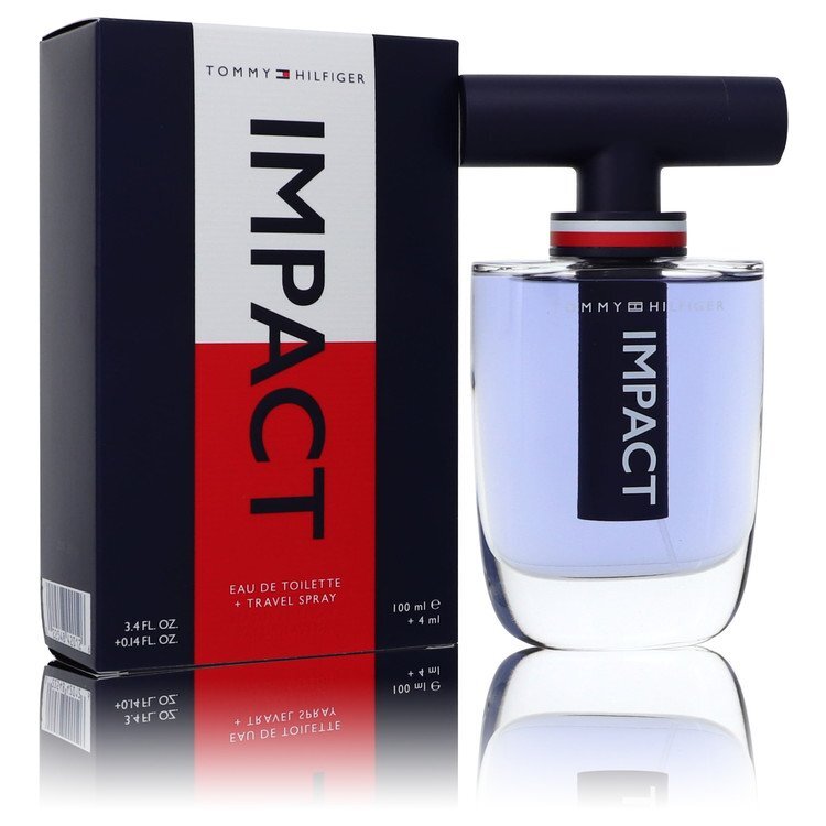 Tommy Hilfiger Impact men's gift set with 3.4 oz Eau de Toilette spray and .14 oz travel spray, featuring Tommy Hilfiger branding.