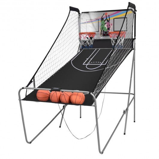 Gray foldable electronic basketball game by American Smart with double hoops and four balls for indoor game room fun.