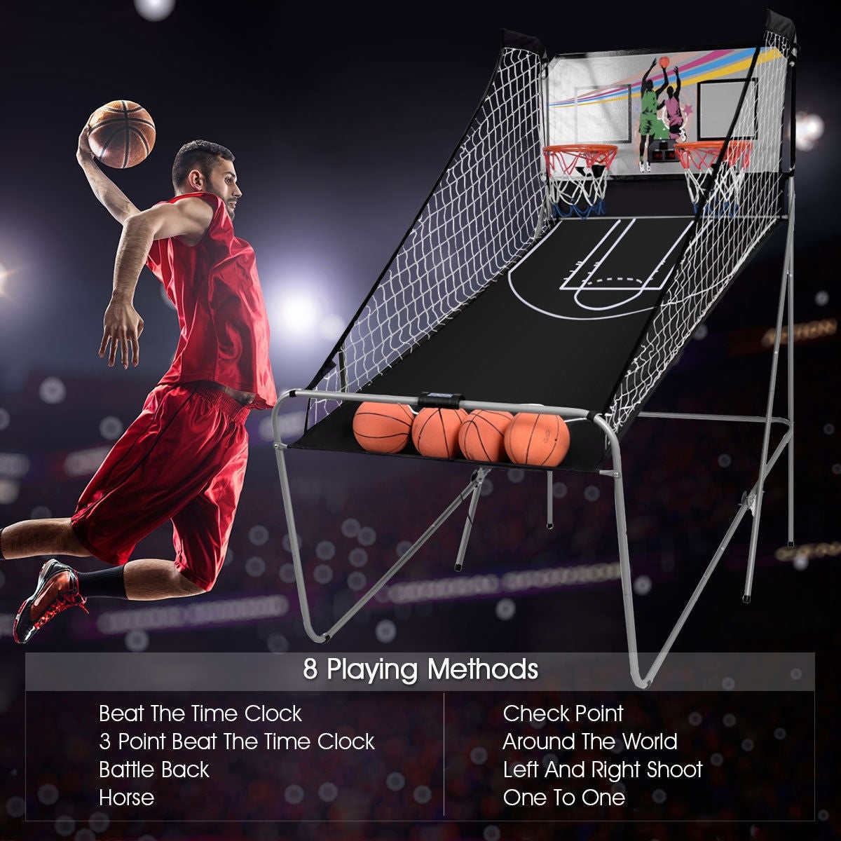 Foldable gray electronic basketball game with four balls for indoor play, featuring digital scoring and compact design by American Smart.
