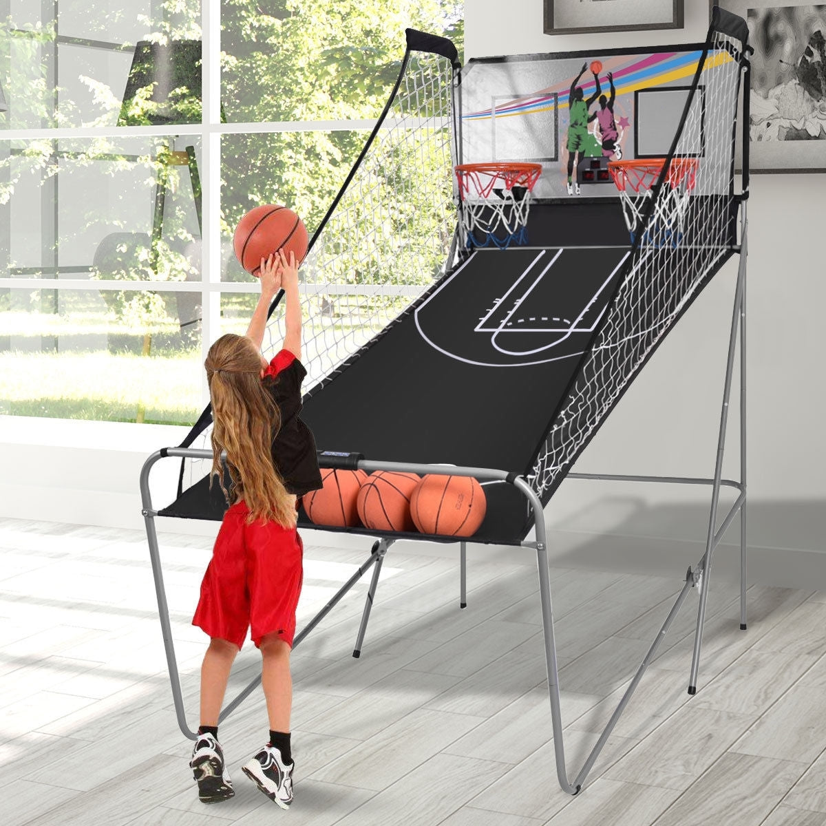 Gray foldable electronic basketball game with double hoops and four balls, designed for indoor play by American Smart WB.