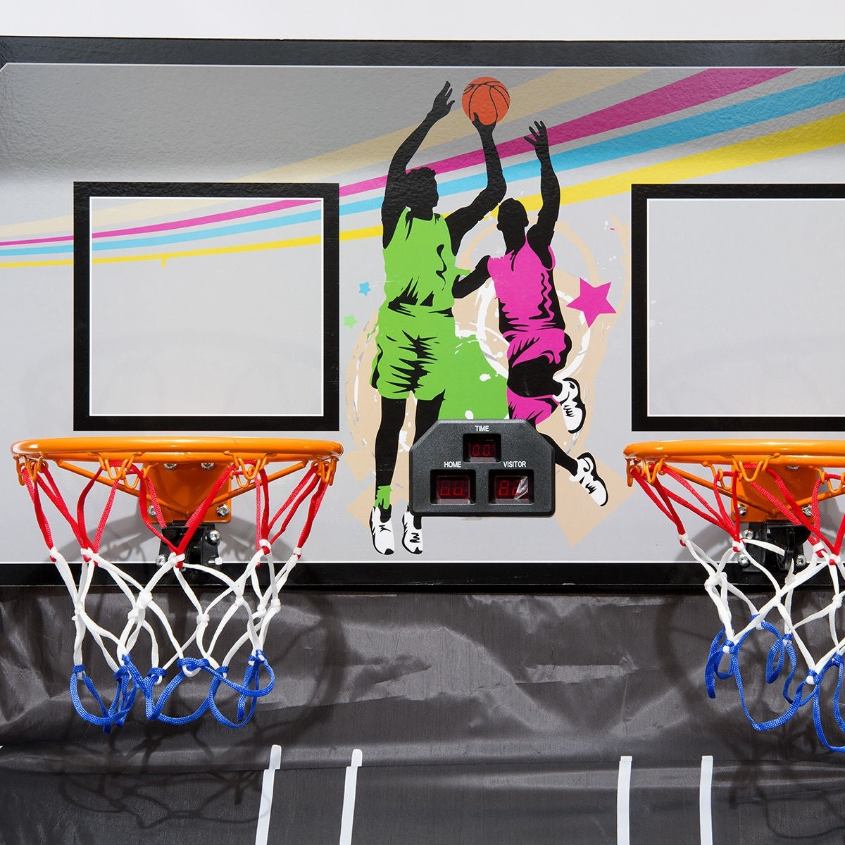 Gray foldable electronic basketball game by American Smart, featuring double hoops and four balls for indoor fun.
