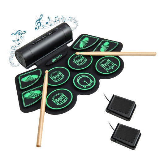 American Smart green electronic drum set for kids with two built-in stereo speakers, colorful and compact musical toy.