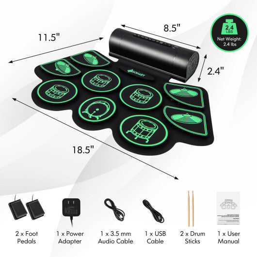 Green electronic drum set for kids by American Smart with built-in stereo speakers, featuring colorful drum pads and control buttons.