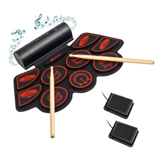 American Smart red electronic drum set for kids with two built-in stereo speakers, colorful toy percussion instrument.