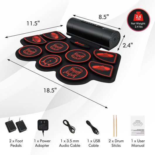 Red American Smart electronic drum set for kids with built-in stereo speakers, featuring colorful drum pads and controls.