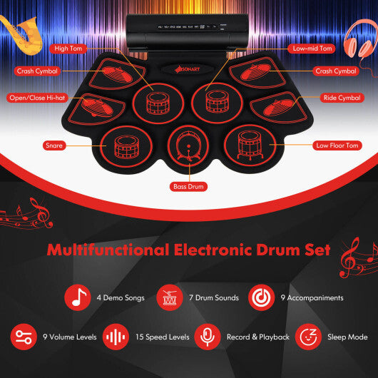 Red electronic drum set for kids by American Smart with two built-in stereo speakers, colorful toy musical instrument.