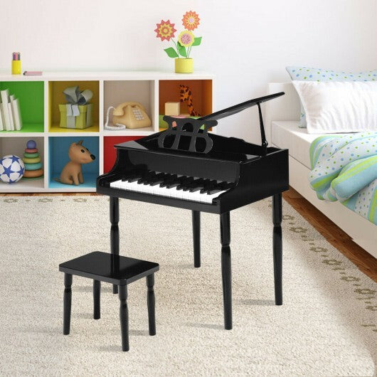 Black 30-key wooden toy grand piano for kids with bench and music rack, American Smart brand, indoor musical instrument toy.