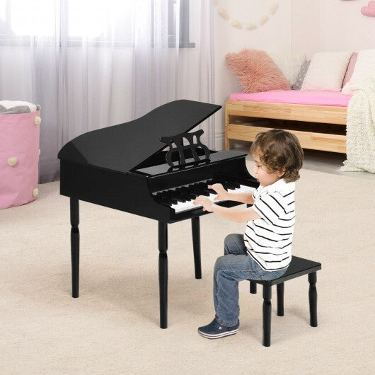 Black 30-key wood toy grand piano for kids by American Smart, with bench and music rack, in a natural wood finish.
